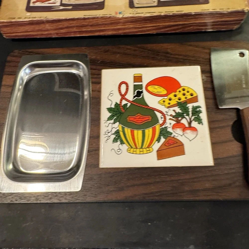 Vintage 1970s Wooden Cheese‎ Board Set with Knife, Tray, and Porcelain Tile